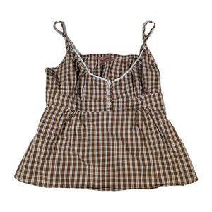 Romeo Brown Plaid Milkmaid Top M Tie Back Cottagecore Cami Buttons Coquette
